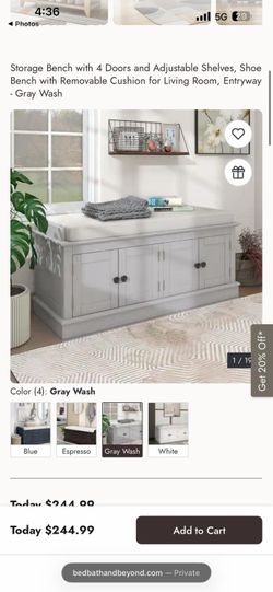 Storage Bench with 4 Doors and Adjustable Shelves, Shoe Bench with Removable Cushion for Living Room, Entryway - Gray Wash