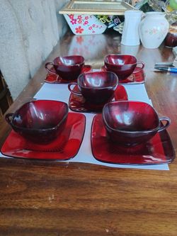 Vintage Anchor hocking royal ruby red charm square cups and saucers set of 5