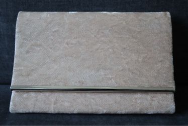 Beige Velvet Clutch Bag with Gold Bar