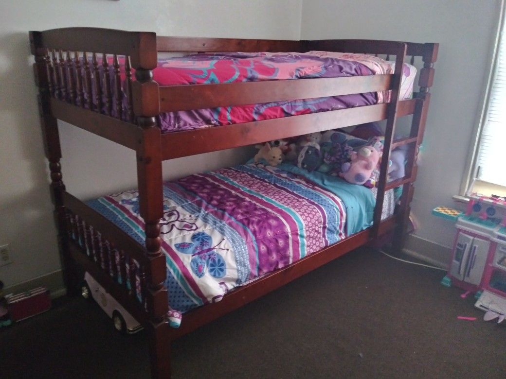 Cherry oak wood bunk bed with mattresses