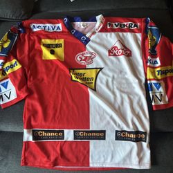 HC Slavia Praha #69 Duda jersey Hockey Jersey Red Logos Skanska Futbol 