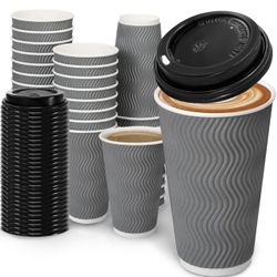 100 Pack 16 oz Coffee Cups with Lids, Disposable Insulated Hot Cups To Go Paper Coffee Cups, Corrugated Ripple Wall Cup for Hot Drink, Office, Coffee 