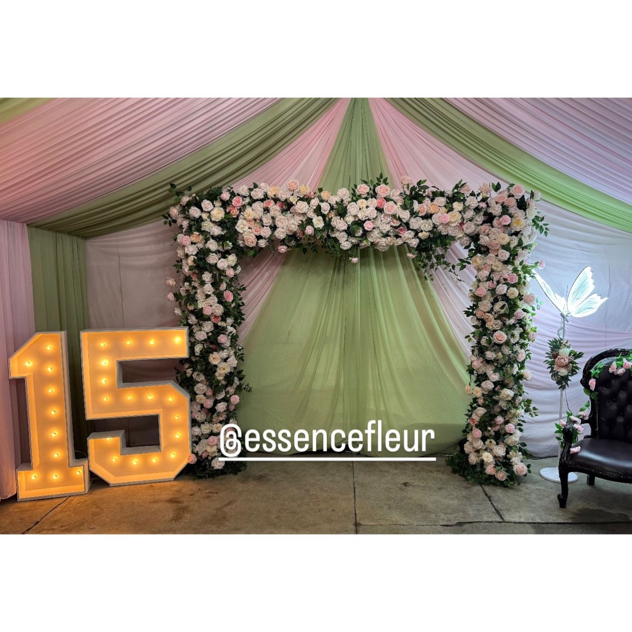 Flower Arch Backdrop And Marquee Numbers LED Butterfly