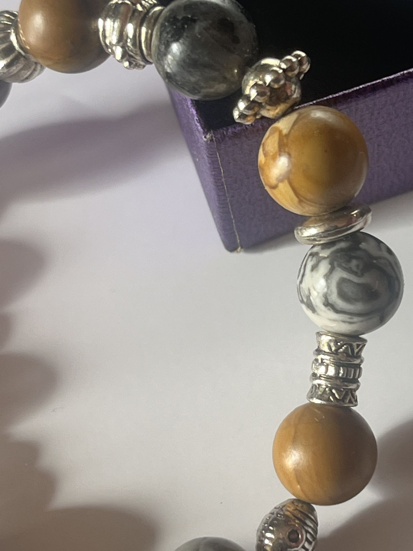Labradorite Brown Jasper & Gray Agate with Silver Elephant Charm – Medium Bracelet