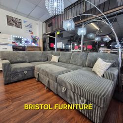 👑 Sectional Sofa Bed w/ 2 Storage, Smoke Gray Corduroy, New In The Box.