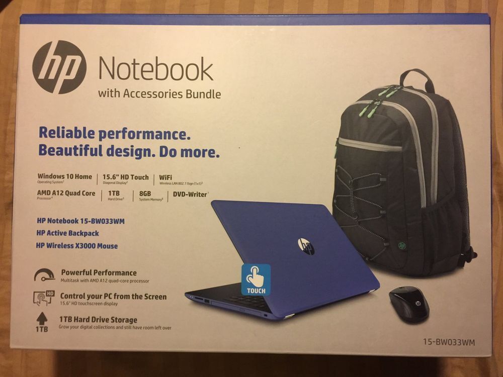 HP 15-bw033WM 15.6" Touchscreen Laptop Bundle, Windows 10, AMD A12-9720 Quad Core Processor, 8GB Memory, 1TB HDD, Wireless Mouse and Backpack