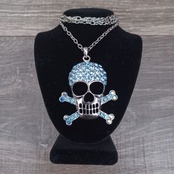Gothic Style Skull N Crossbone Blue Rhinestone Pendant
