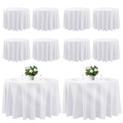 Cuckan 120 Inch Round Tablecloth, 10 Pack White Stain Resistant And Wrinkle-Free Polyester Table Cover For Wedding, Banquet, Party, Restaurant
