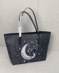 Coach City Tote Signature Canvas With Halloween Cat Graphic Black