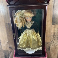 Vintage Limited Ed. Little Ladies Porcelain Doll in Wood and Glass Cabinet Stand