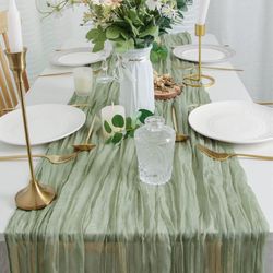 FEXIA Cheesecloth Table Runner Sage Green for Woodland Baby Shower Bridal Wedding Decoration Gauze Rustic Table Runner for Party First Communion Cente