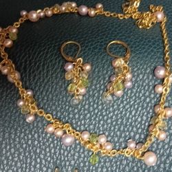 Cookie Lee Gold tone Faux Pink /Peach Pearls and beige/green Crystals Necklace & Earrings Set
