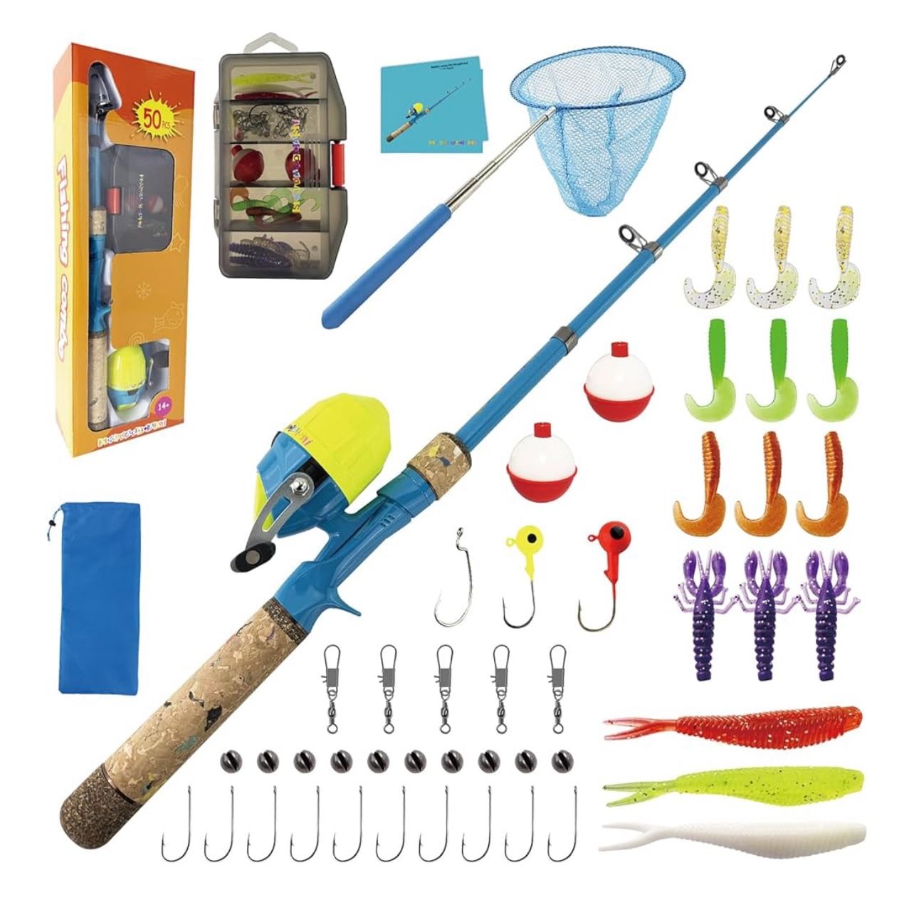 Brandnew Kids Fishing Pole Set, Kids Fishing Rod and Reel Combo and Fishing Net Tackle Box with Lures Hooks and Bag for Boys Girls Youth Fishing