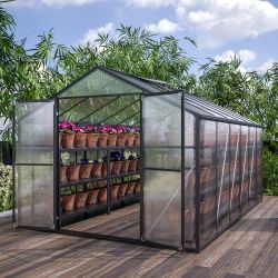 8' x 12' Outdoor greenhouse, heavy duty polycarbonate greenhouse, large walk-in greenhouse with double doors and two ventilation windows, aluminum gre