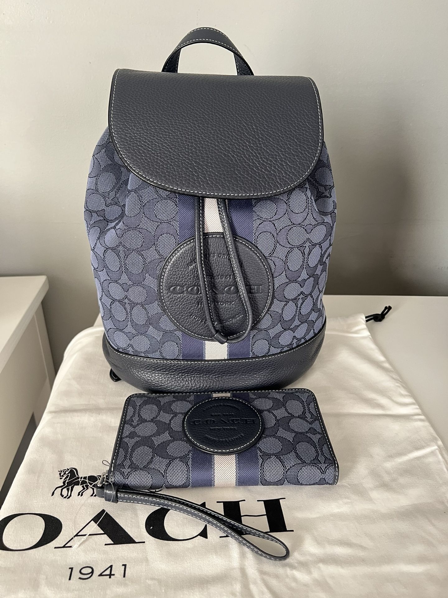 Coach Dempsey Drawstring Backpack In Signature Jacquard With Coach Patch And Stripe And Matching Wallet
