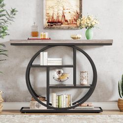 41.3" Console Table, Industrial 4-Tier Sofa Table Entryway Table with Circle Base, Narrow Wood Accent Tables with Storage Shelves, Gray
