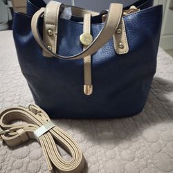 Navy Blue and Beige Tote Bag with Adjustable Strap