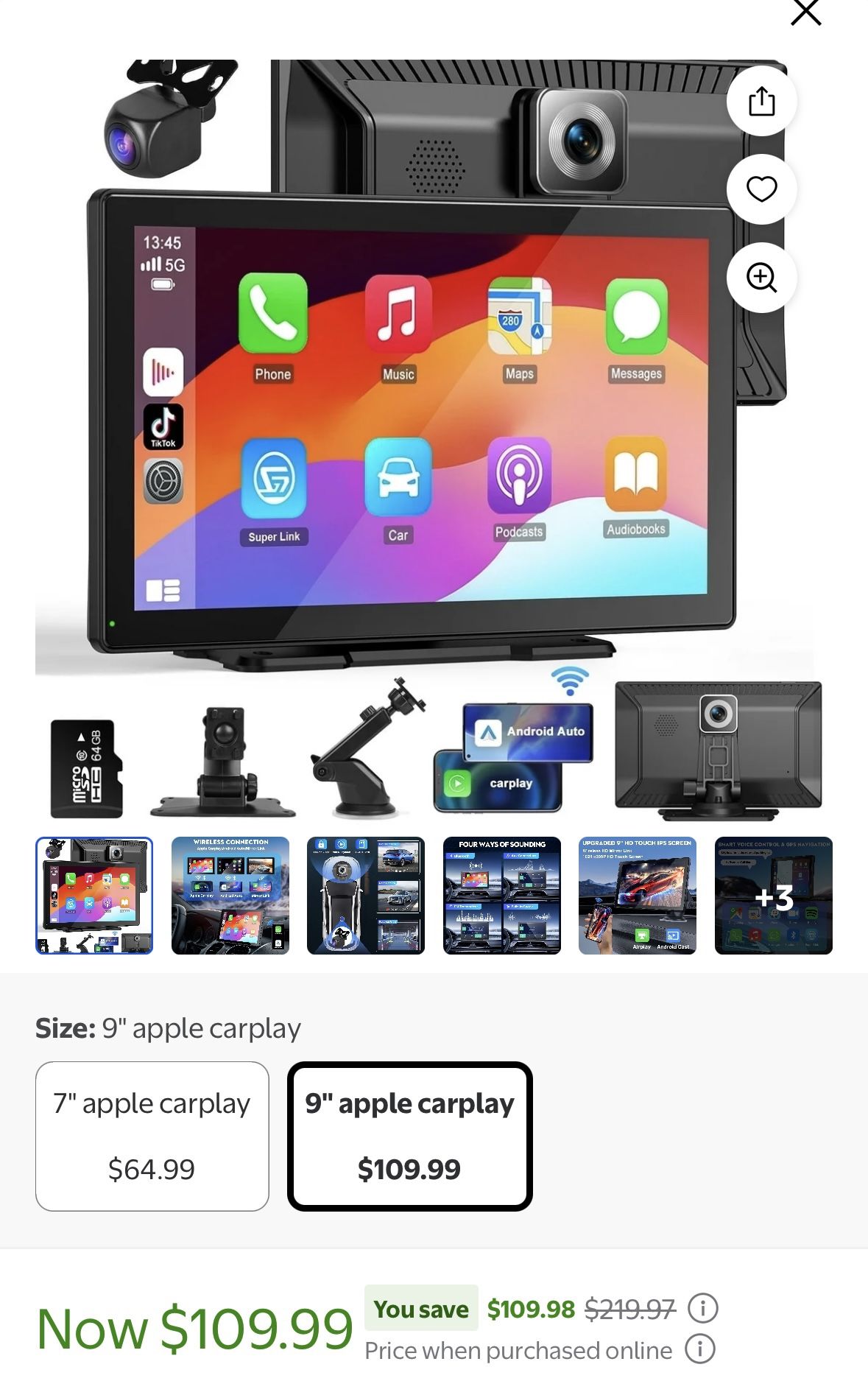HOMPOW Wireless Apple Carplay Touchscreen 9" with 4K Dash Cam,Portable Car Stereo Receiver with 1080P Backup Camera,GPS Navigation, Bluetooth,Carplay