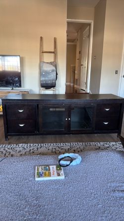Dark Wood TV Stand with Glass Doors