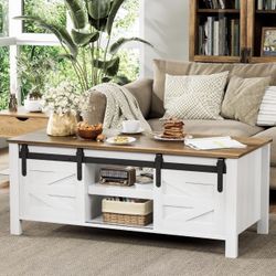 Brand New Farmhouse Coffee Table w/ Sliding Barn Doors & Hidden Storage – Washed White (47”) – New in Box