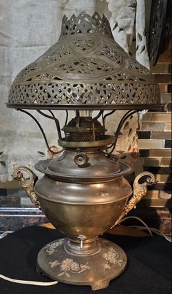 Vintage Bradley & Hubbard Electrified Brass Oil Lamp, Open Carved Shade, Figural Handles, Floral Motif Base