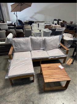 New assembled 3pcs 77" Acacia Wood Sectional Sofa Table Ottoman