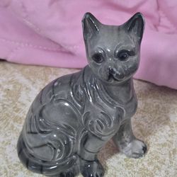 Vintage Porcelain, Ceramic Kitty Cat Grey-Blue Figurine Hand Painted 3" German