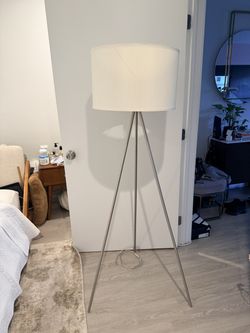 Modern Tripod Nickel Floor Lamp with White Drum Shade
