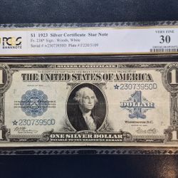 $1 1923 Silver Certificate Star Note VF 30 Fr 238* Sign:Woods,White