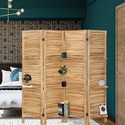 5.6FT Folding Privacy Screen with Shelves - 4 Panel Wood Room Divider for Home Office, Bedroom - Natural Color