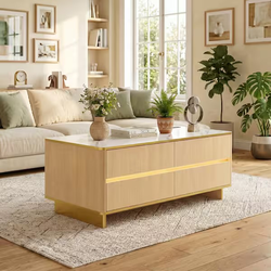 47.2 in. Yellow Wood Grain Rectangle Wood Coffee Table, Side Table, End Table with 4-Drawer, Marble Top and Socket