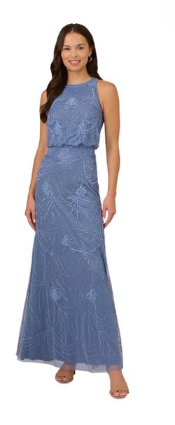 Blue Beaded Floral Blouson Maxi Gown