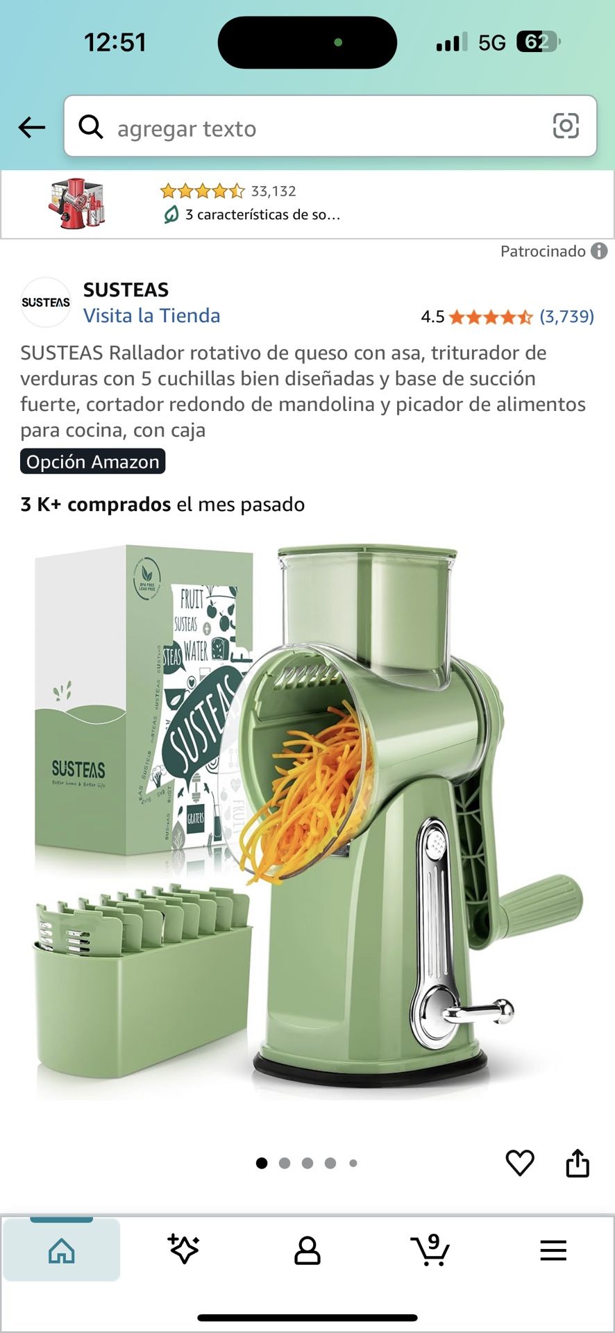 SUSTEAS Rallador rotativo de queso con asa, triturador de verduras con 5 cuchillas bien diseñadas y base de succión fuerte, cortador redondo de mandol