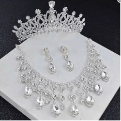 Bridal Necklace Earrings Crown Wedding Jewelry Set