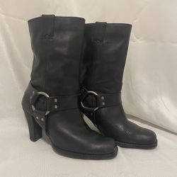 Women’s 7.5 Harley Davidson Heeled Mid Calf Black Leather Boots Biker Motorcycle 