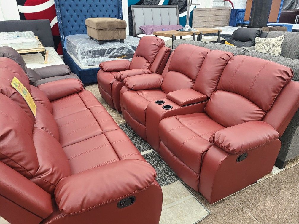 No Credit No Problem Same Day Delivery Available Red Faux Leather High Quality Recliner 2 PC Sofa And Loveseat