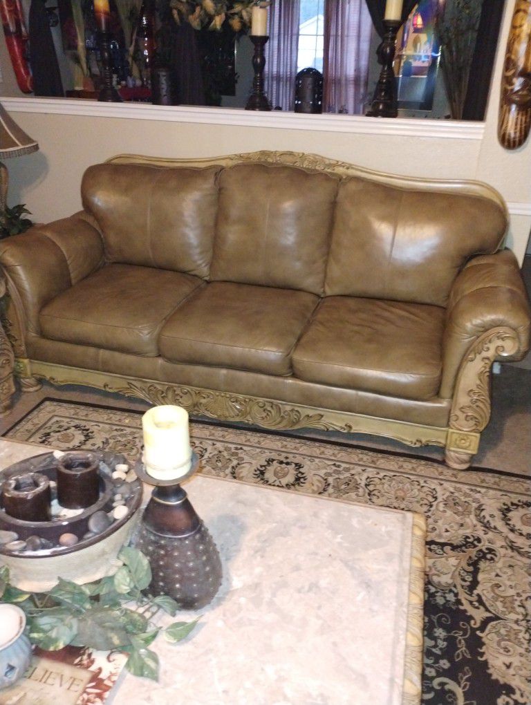Vintage Real Genuine Leather Loveseat And Sofa