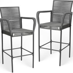  Outdoor Bar Stools Set of 2, Patio Bar Chairs with Armrests and Backrest Wicker Rattan (Light Gray)