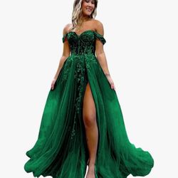 Women's Lace Appliques Tulle Prom Dresses Long Formal Dress Backless Off The Shoulder Homecoming Dresses with Slit