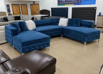 Brand New Royal Blue Velvet U-Shape Double Chaise Sectional • Easy Financing • COD & Finance