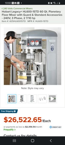 Mixers
Hobart Legacy+ HL600-1STD 60 Qt. Planetary Floor Mixer with Guard & Standard Accessories - 240V, 3 Phase, 2 7/10 hp