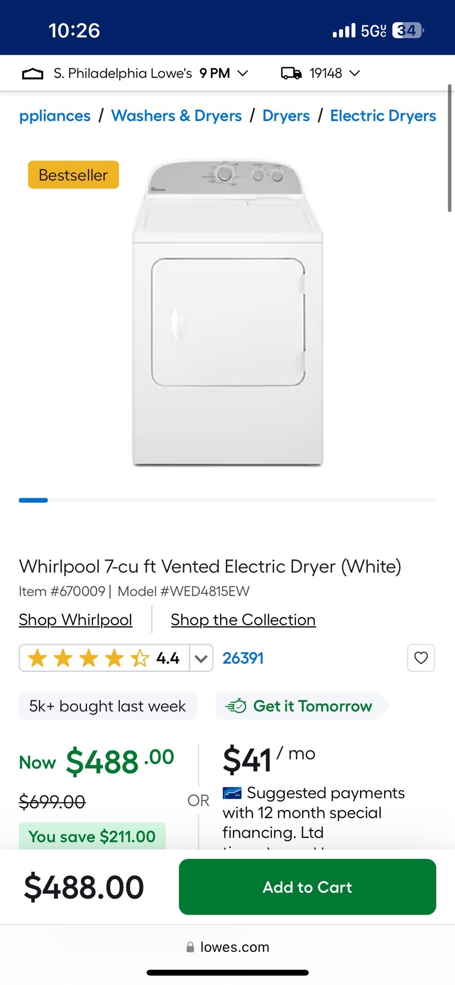 Whirl Pool Electric Dryer