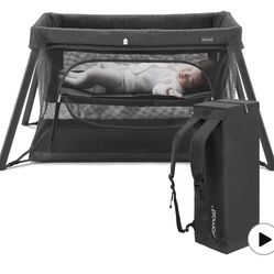 2 in 1 Portable Travel Crib for Toddler, Foldable Crib for Baby, Lightweight Playpen Collapsible Playard with Soft Mattress, Easy to Carry Baby Travel