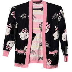 Hello Kitty (F) Relaxed Fit Knit Cardigan Sz S/M Licensed Pockets Logo Comfy EUC