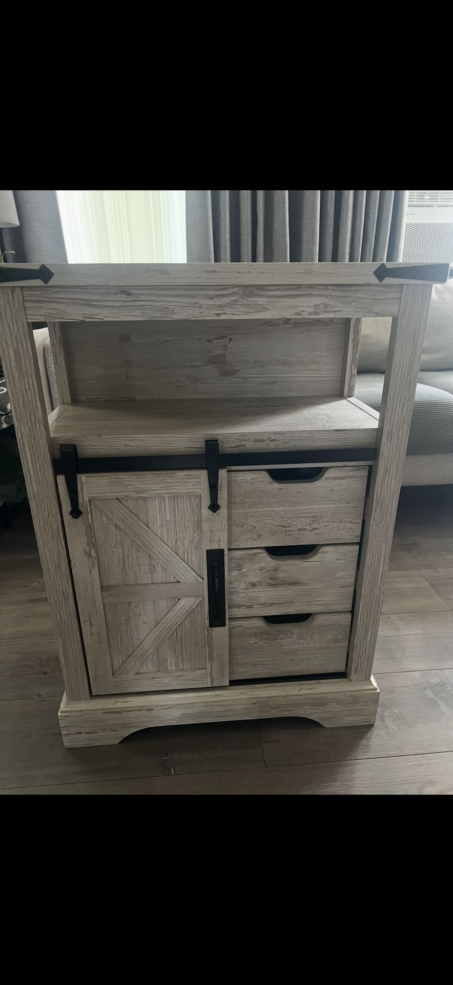 Floor Cabinet, Farmhouse Small Storage Cabinet with Sliding Barn Door & Drawers for Bathroom, Kitchen, Living Room, Antique Brush White