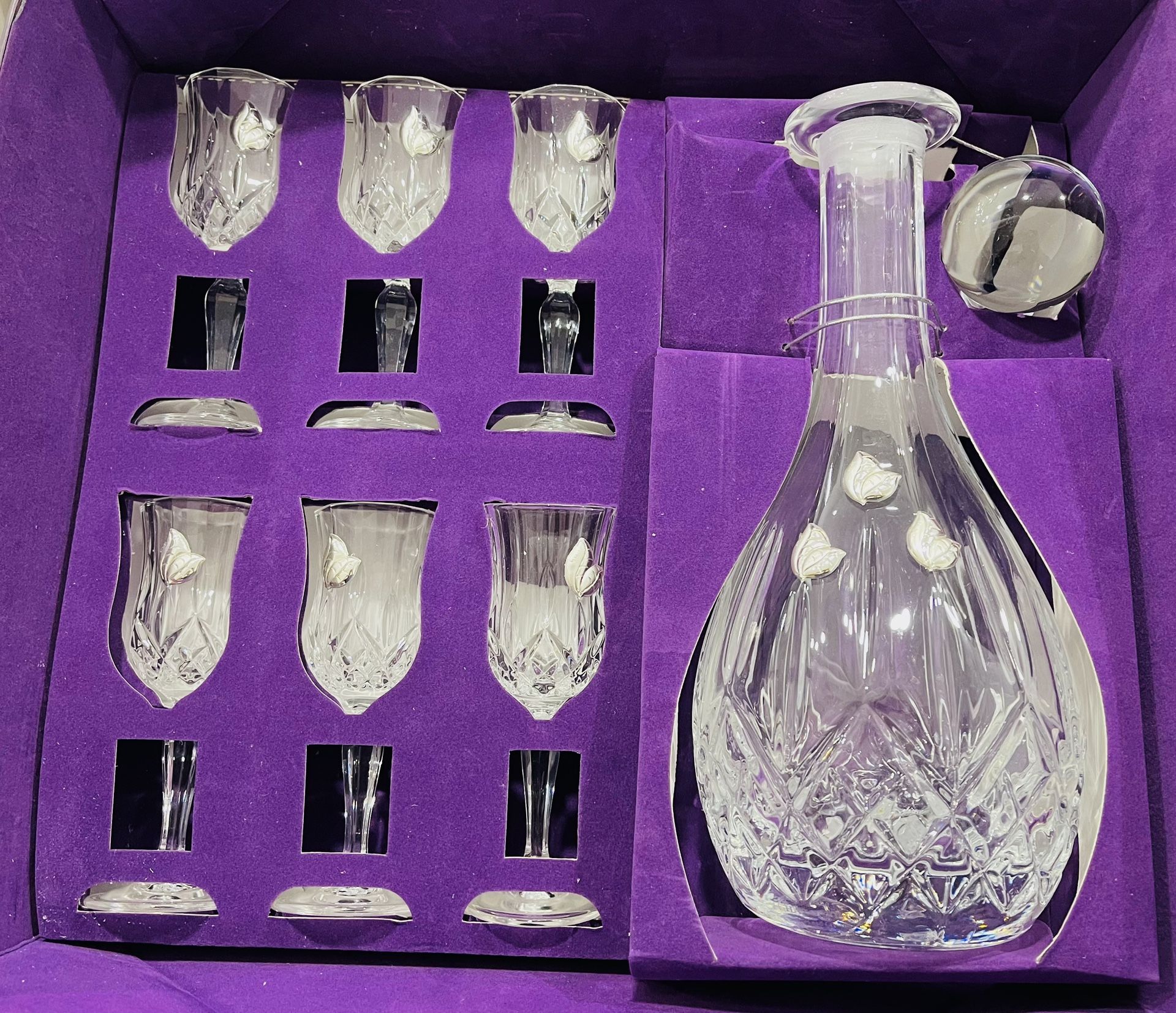 HAZORFIM CRYSTAL & STERLING SILVER DECANTER with 6 Stemmed GLASSES GOBLET SET
