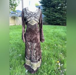 Vintage 60's Embroidered gold brown Kaftan Moroccan-Style Long sleeve Velvet dress for women size L 