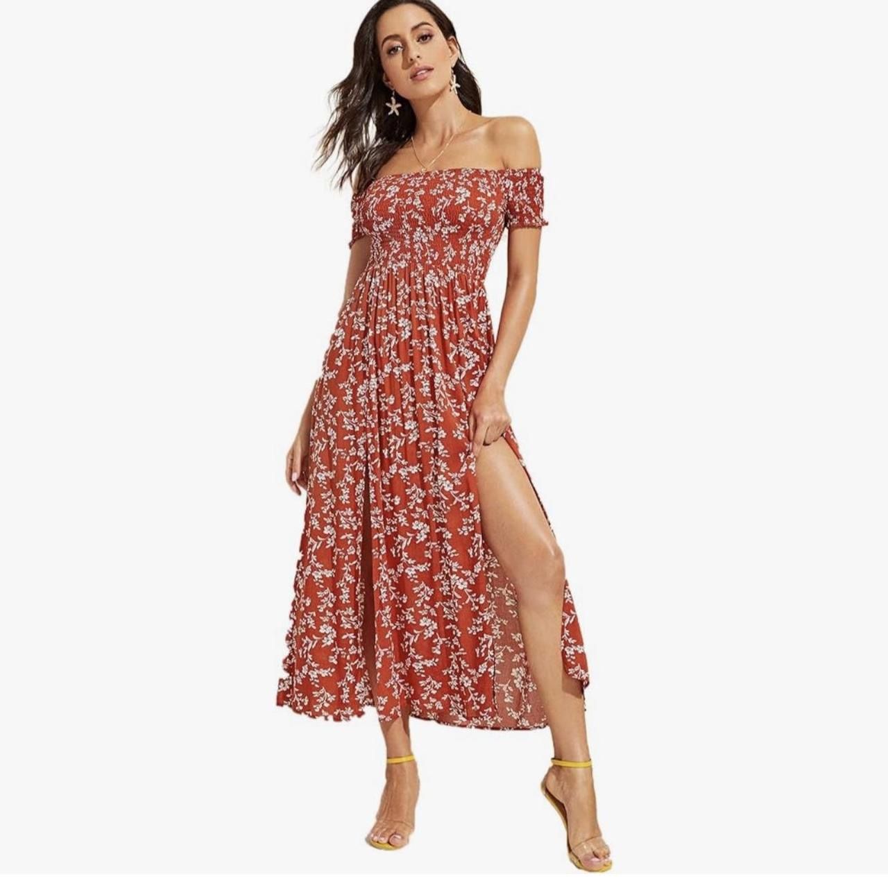 Red Off The Shoulder Floral Dress With Slits