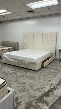 Beige King Size Platform Bed Frame w/ storage drawers