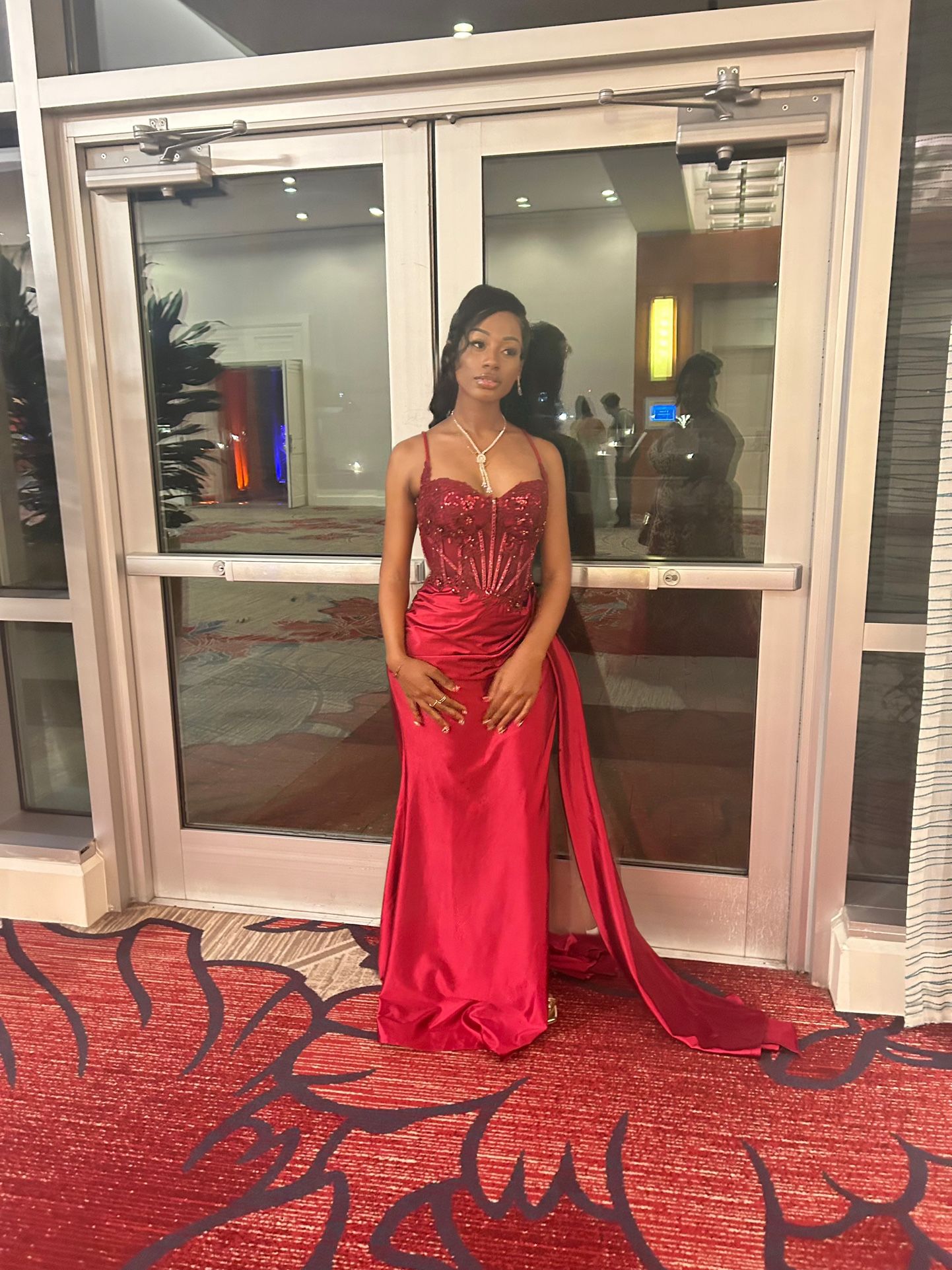 Stacees Fitted Satin Corset Slit Prom Dress With Draping Burgundy Size US8